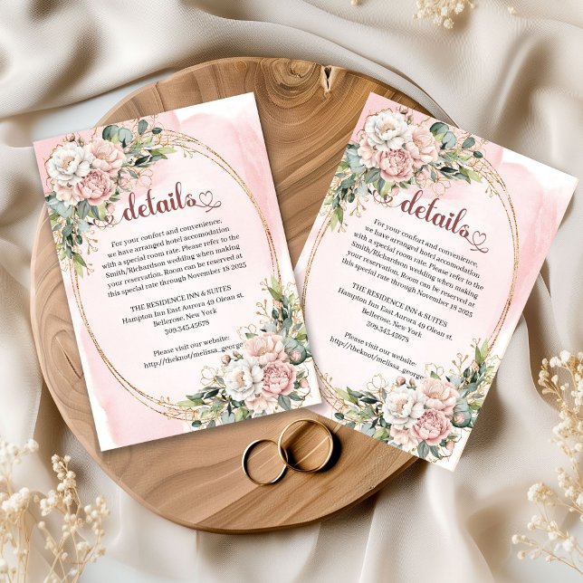 Blush Pink Flowers Greenery Wedding Details Card Begleitkarte (Blush Pink Flowers Greenery Wedding Details Card)