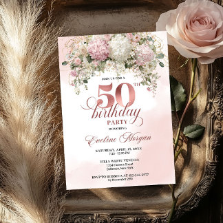 Blush Pink Flowers Rose Gold 50th Birthday Party Einladung