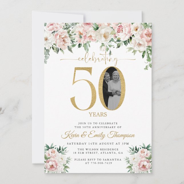 Blush Pink Foto 50 Jahre alt Einladung (Vorderseite)