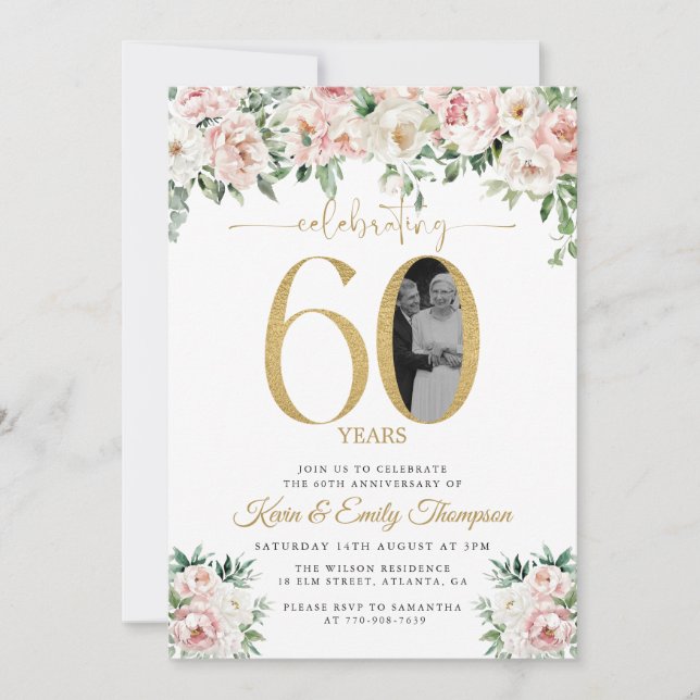 Blush Pink Foto 60 Jahre alt Einladung (Vorderseite)