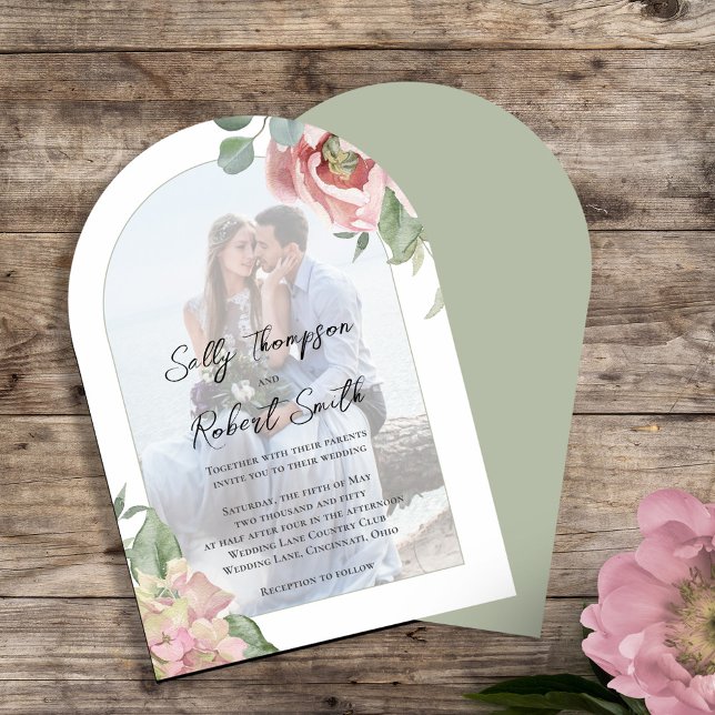 Blush Pink Foto Bloral Wedding Arch Einladung (Elegant blush pink floral arch photo wedding invitation template. )
