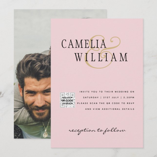 Blush PINK Foto Wedding Invite QR Code Retten Datu Einladung (Vorne/Hinten)