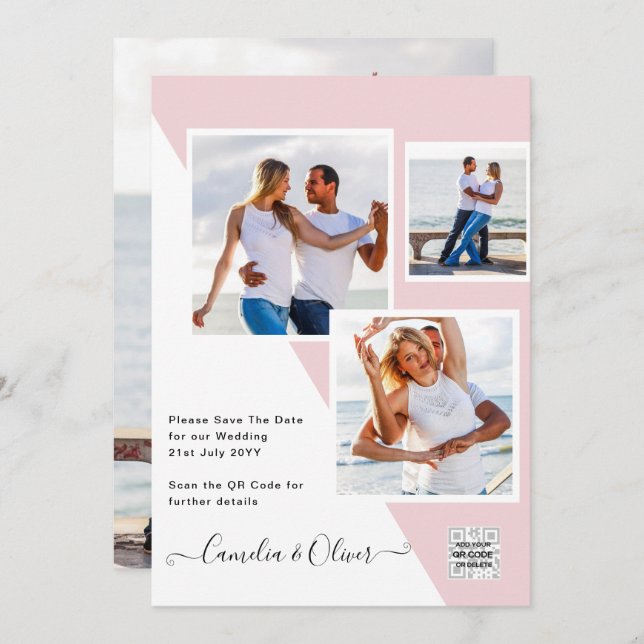 Blush PINK Foto Wedding Invite QR Code Retten Datu Einladung (Vorne/Hinten)