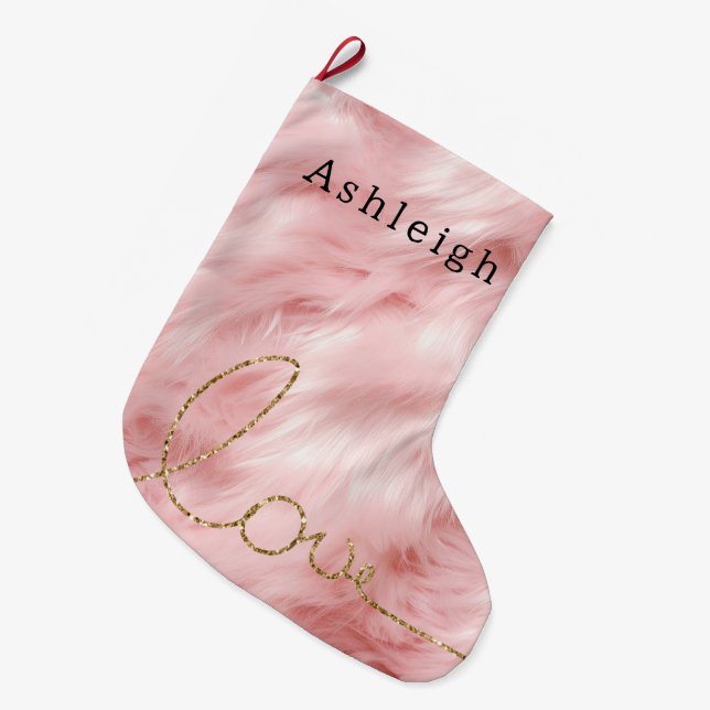 Blush Pink Fur Gold Glitzer Liebe Großer Weihnachtsstrumpf (Vorderansicht (hängend))