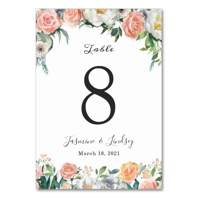 Blush Pink Garden Rose und Peonies Bloral Wedding Tischnummer (Vorderseite)