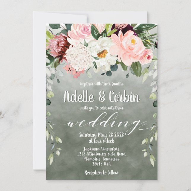 Blush Pink Garden Sage Green White Schriftart Hoch Einladung (Vorderseite)