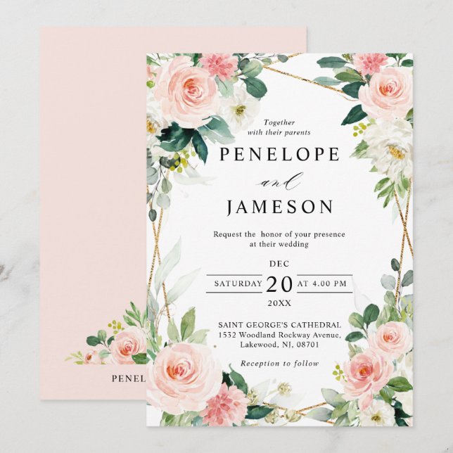 Blush Pink Geometric Botanical Wedding Einladung (Vorne/Hinten)