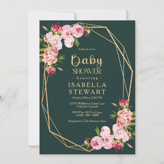 Blush Pink Geometric Royal Dark Green Baby Dusche Einladung (Vorderseite)