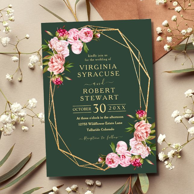 Blush Pink Geometric Royal Green Wedding Einladung (Von Creator hochgeladen)