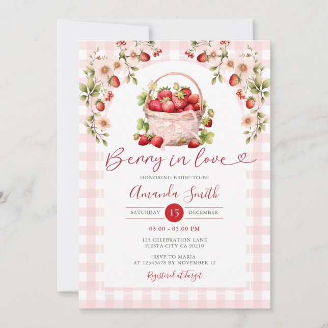 Blush Pink Gingham Berry in Liebe Brautparty Einladung (Vorderseite)
