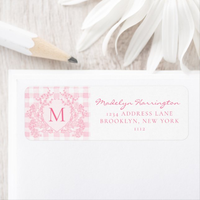 Blush Pink Gingham Floral Crest Monogram Address (Insitu)
