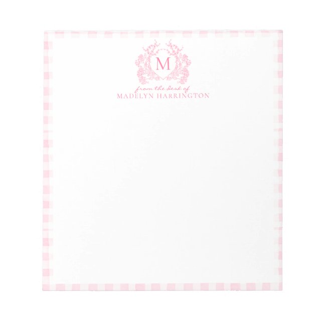 Blush Pink Gingham Floral Crest Monogram Notizblock (Vorderseite)