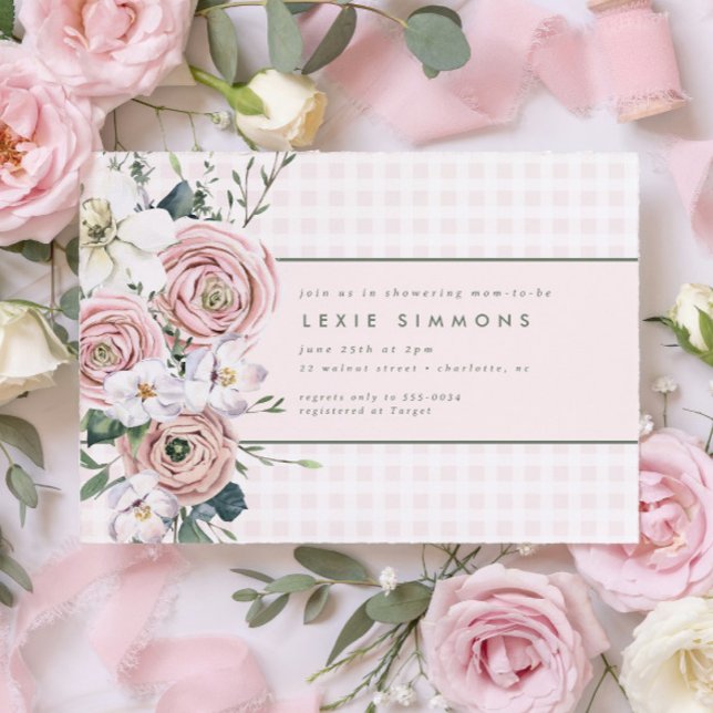 Blush Pink Gingham Flower Garden Baby Girl Dusche Einladung (Von Creator hochgeladen)