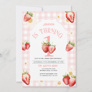 Blush Pink Gingham Strawberry Daisy Birthday Einladung