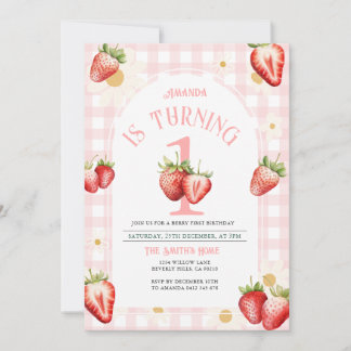 Blush Pink Gingham Strawberry Daisy Birthday Einladung