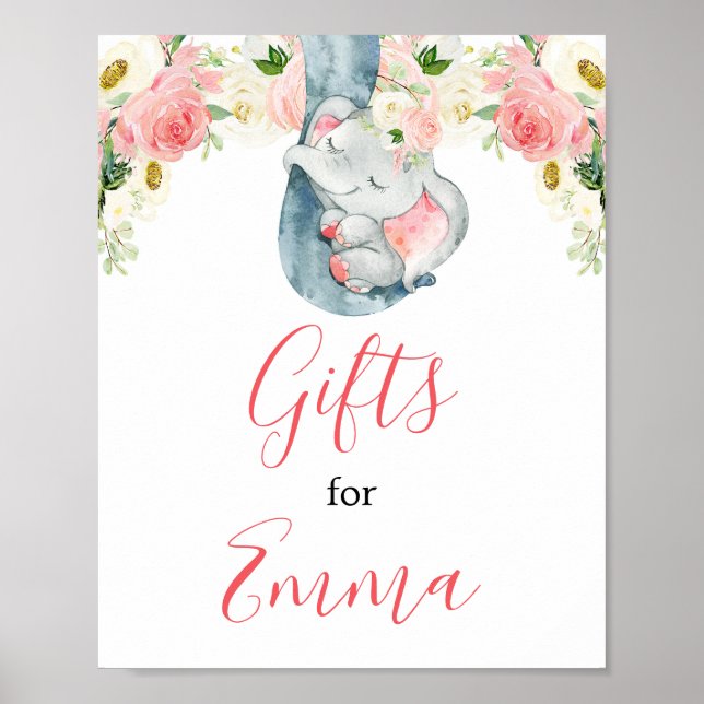 Blush Pink Girl Elefantengeschenke für Babyzeichen Poster (Vorne)