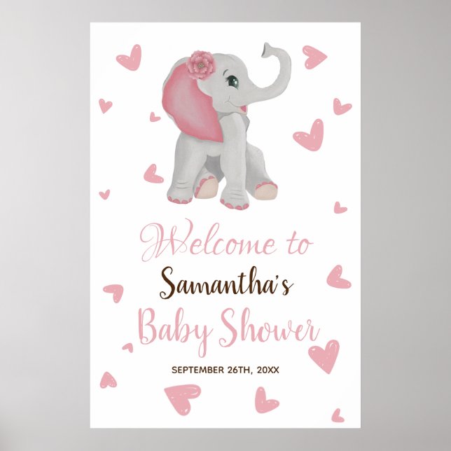 Blush Pink Girl Elephant Baby Dusche Begrüßungszei Poster (Vorne)