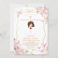 Blush Pink Girl Holding Bibel Erste Heilige Kommun