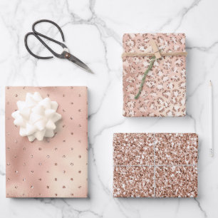 Blush Pink Glam Glitzer Dots Leopard Print Geschenkpapier Set
