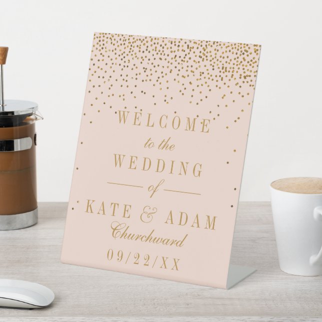 Blush Pink & Glam Gold Confetti Hochzeit Willkomme Sockelschild (In SItu)