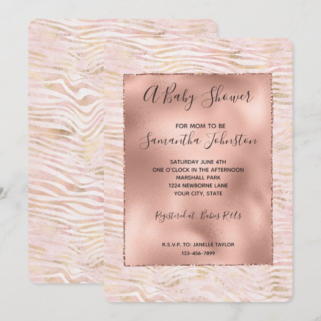 Blush Pink Glam Gold Zebra Print Baby Dusche Einladung (Vorne/Hinten)