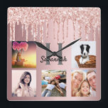 Blush pink glitter drips photo collage family name quadratische wanduhr<br><div class="desc">A unique gift or a treat for yourself celebrating her/your life with a collage of 5 of your own photos, pictures. Personalize and add a monogram letter. A chic feminine blush pink faux metallic looking background. Gray and black text. Decorated with rose gold and pink faux glitter drips. The name...</div>