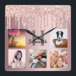 Blush pink glitter drips photo collage family name quadratische wanduhr<br><div class="desc">A unique gift or a treat for yourself celebrating her/your life with a collage of 5 of your own photos, pictures. Personalize and add a monogram letter. A chic feminine blush pink faux metallic looking background. Gray and black text. Decorated with rose gold and pink faux glitter drips. The name...</div>