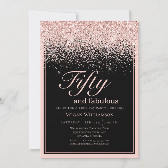 Blush Pink Glitzer 50 und fabelhafter Geburtstag Einladung (Vorderseite)