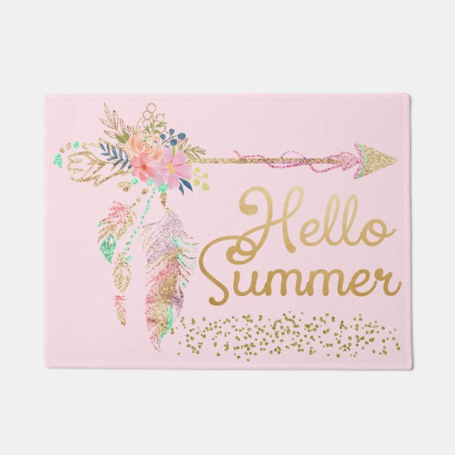 Blush Pink Glitzer Boho Feather Hallo Sommer Fußmatte (Vorderseite)