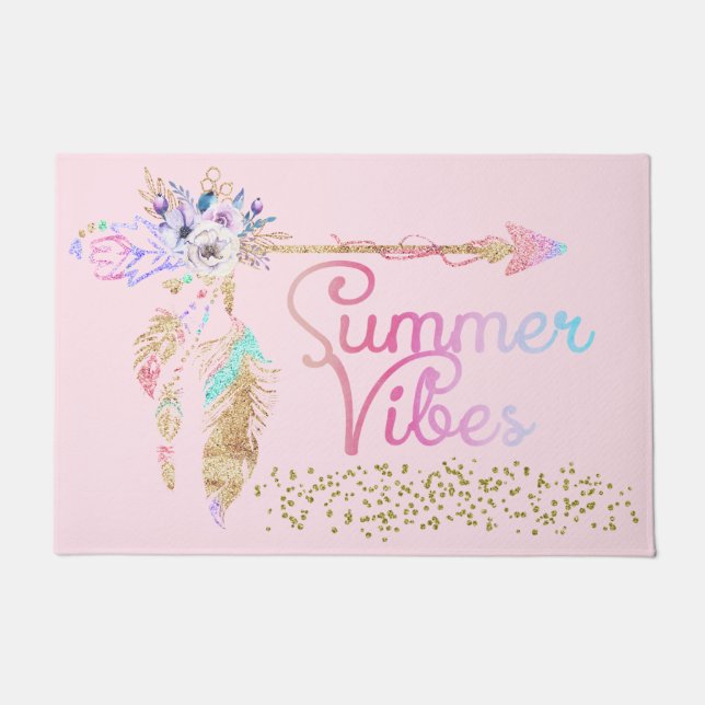 Blush Pink Glitzer Boho Feather Summer Vibes Fußmatte (Vorderseite)