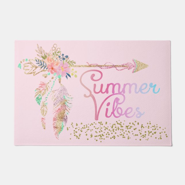 Blush Pink Glitzer Boho Feather Summer Vibes Fußmatte (Vorderseite)