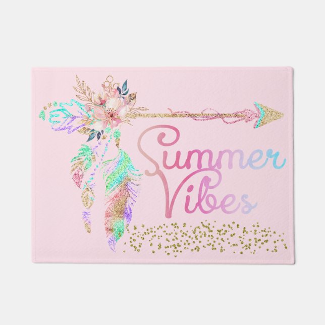 Blush Pink Glitzer Boho Feather Summer Vibes Fußmatte (Vorderseite)