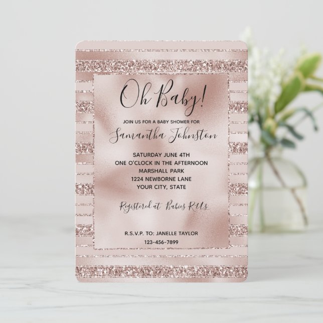 Blush Pink Glitzer Glam Streifen Babydusche Einladung (Stehend Vorderseite)