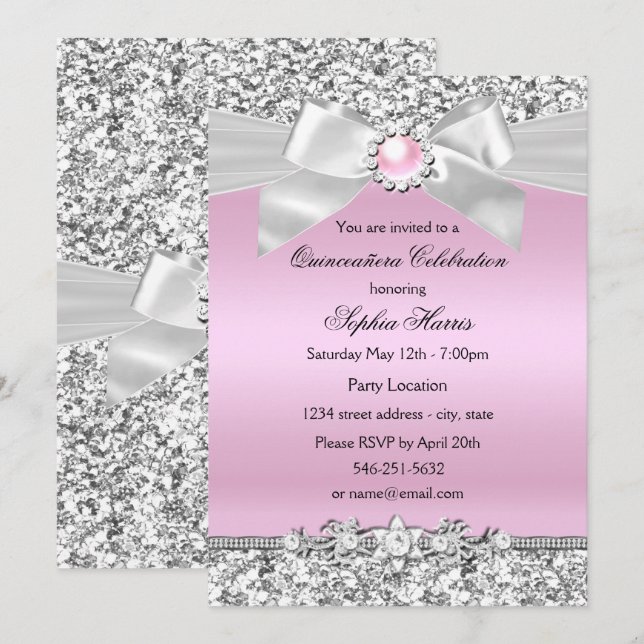 Blush Pink Glitzer Pearl Bow Quinceanera Geburtsta Einladung (Vorne/Hinten)