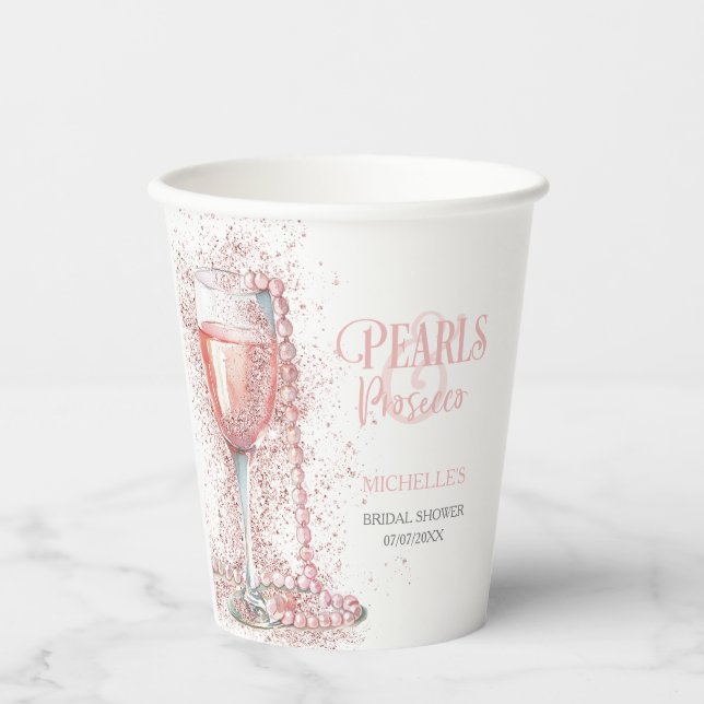Blush Pink Glitzer Perlen und Prosecco Vielen Dank Pappbecher (Vorderseite)