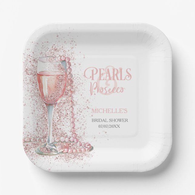 Blush Pink Glitzer Perlen und Prosecco Vielen Dank Pappteller (Vorderseite)