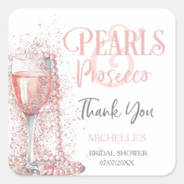 Blush Pink Glitzer Perlen und Prosecco Vielen Dank Quadratischer Aufkleber