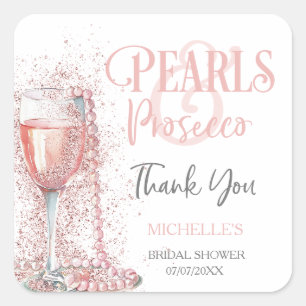 Blush Pink Glitzer Perlen und Prosecco Vielen Dank Quadratischer Aufkleber