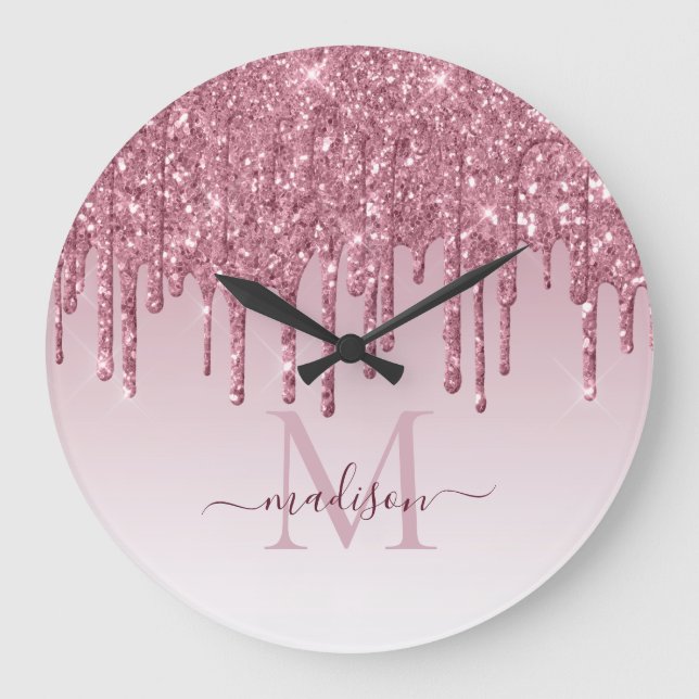 Blush Pink Glitzer Sparkle Glam Drift Monogram Große Wanduhr (Vorderseite)