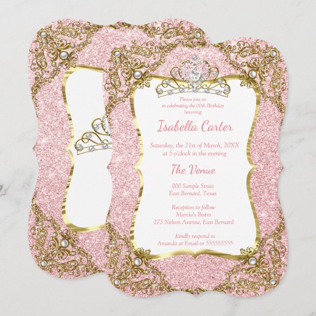 Blush Pink Glitzern Birthday Party Gold Tiara Einladung (Vorne/Hinten)