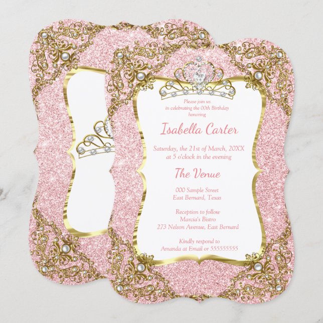 Blush Pink Glitzern Birthday Party Gold Tiara Einladung (Vorne/Hinten)