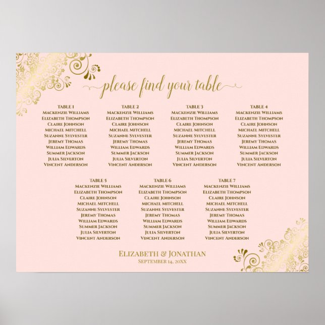 Blush Pink & Gold 7 Tabelle Hochzeitskarte Poster (Vorne)