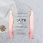Blush Pink Gold Agate 50th Birthday Arch Acryleinladungen<br><div class="desc">Dieses elegante,  bogenförmige,  moderne 50. (oder jedes Jahr) Geburtstagsfest lädt zu einer rot-rosa Aquarellwand ein,  die mit einem vergoldeten Imitat-Glitzer besticht. Der anpassbare Text kombiniert handschriftlich,  kopperplate und kursiv Schriftart in Holzkohlegrau auf einem transparenten Hintergrund.</div>