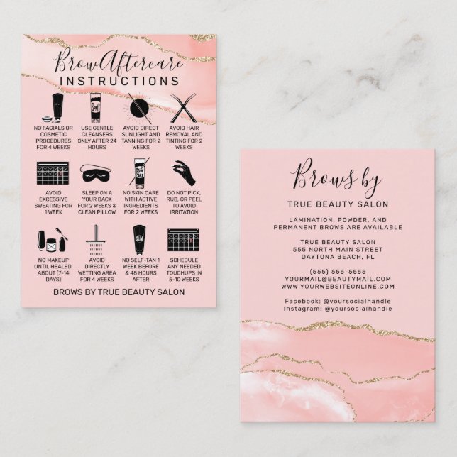 Blush Pink Gold Agate Brows Aftercare Symbol Visitenkarte (Vorne/Hinten)