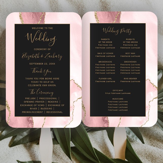 Blush Pink Gold Agate Dark Wedding Program Fächer (Von Creator hochgeladen)