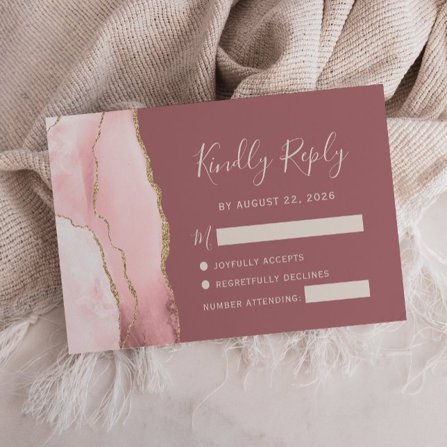Blush Pink Gold Agate Dusty Rose Wedding RSVP Card (Von Creator hochgeladen)