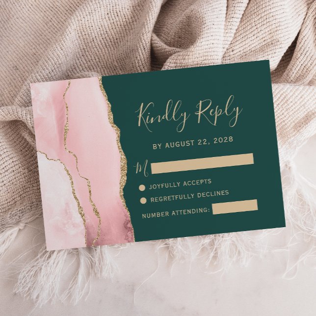 Blush Pink Gold Agate Emerald Green Wedding RSVP Karte (Von Creator hochgeladen)