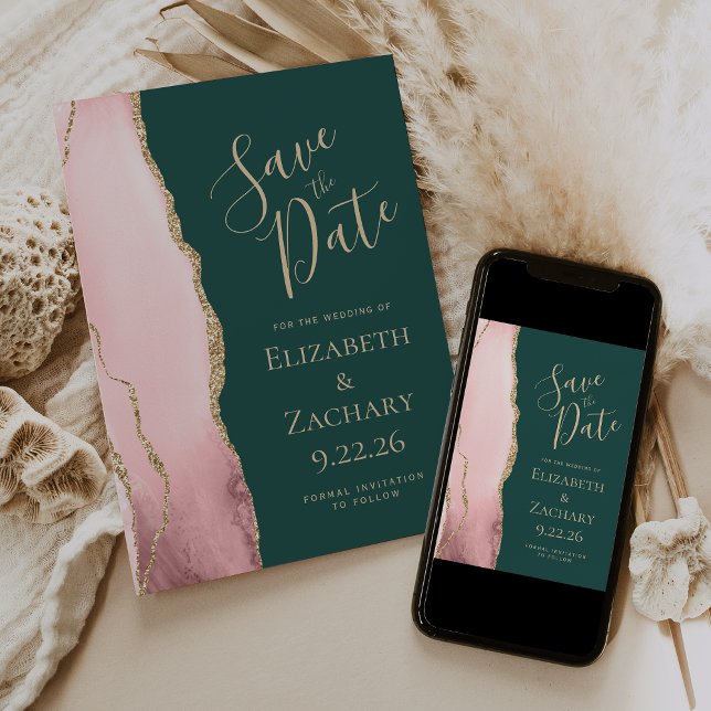 Blush Pink Gold Agate Emerald Green Wedding Save The Date (Von Creator hochgeladen)