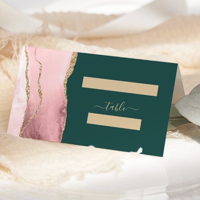 Blush Pink Gold Agate Emerald Green Wedding Table Platzkarte (Von Creator hochgeladen)