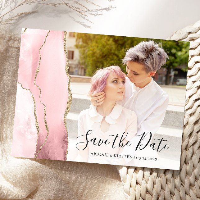 Blush Pink Gold Agate Foto Save the Date Postkarte (Von Creator hochgeladen)